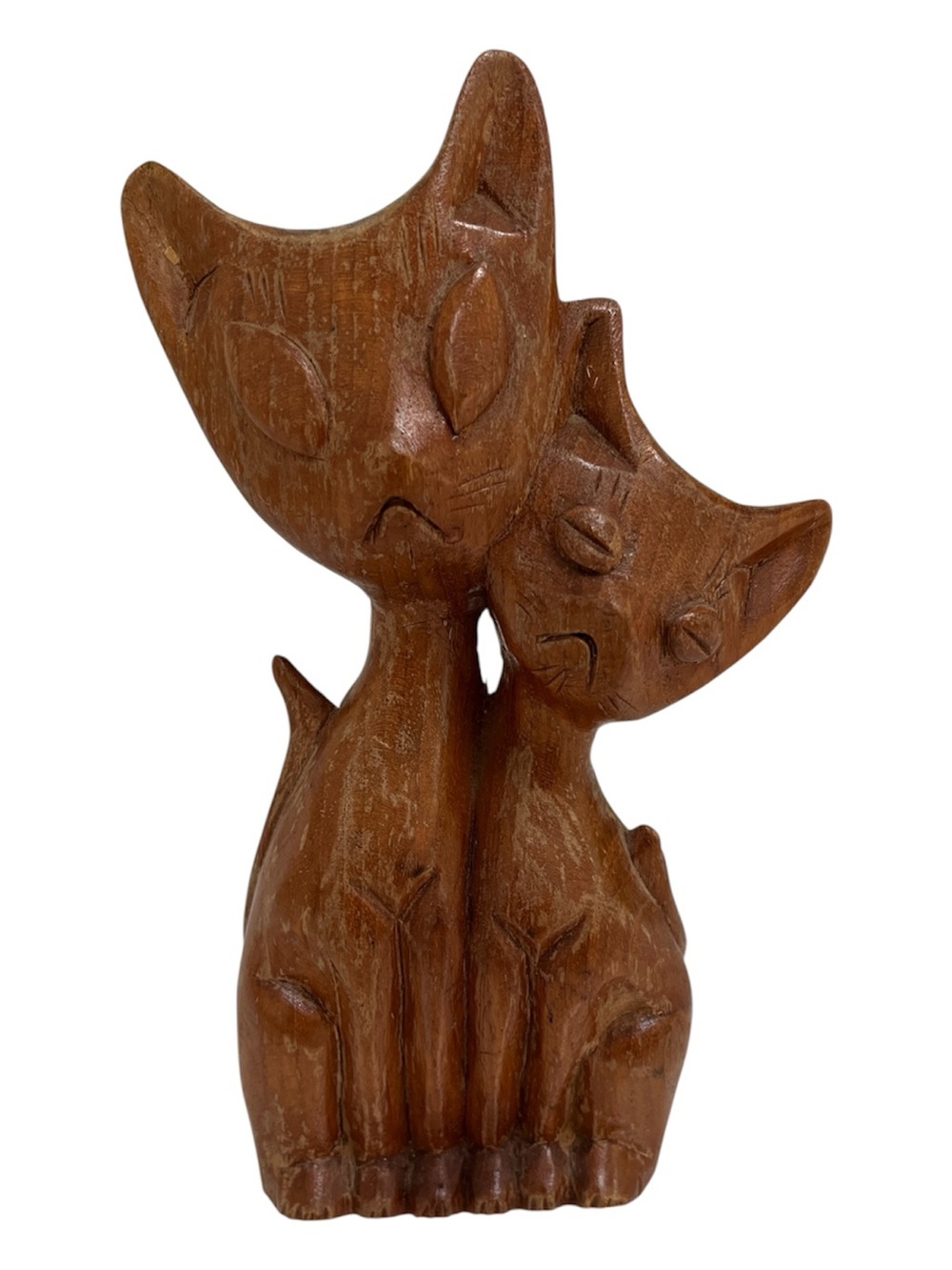 Vintage Mid Century Modern Hand Carved Wood Cat Sculpture of Two Cats